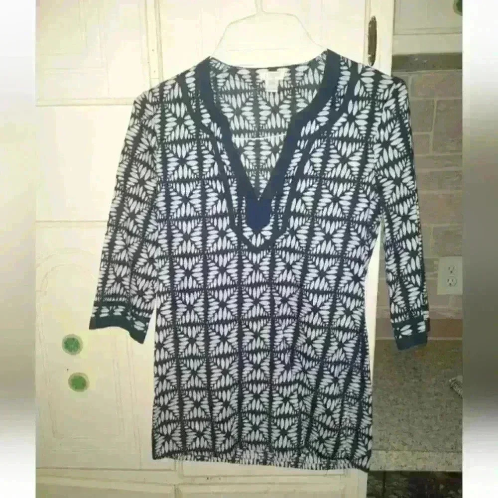 Women's J Crew White & Blue V Neck Blouse Size XXS